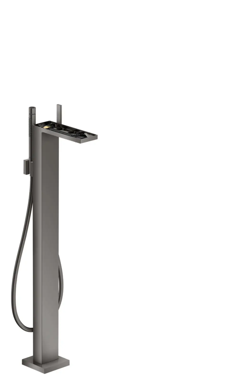 Bodenstehender Einhebel-Wannenmischer in Polished Black Chrome von AXOR, mit einem schlanken, modernen Design und einem seitlichen Handheld-Duschkopf.